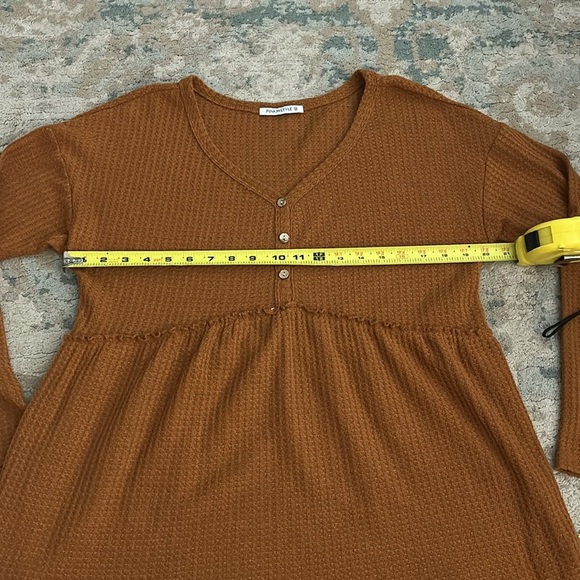 PINKMSTYLE mustard orange V Neck Waffle Long Sleeve Shirt Button Front Size M - Picture 7 of 9